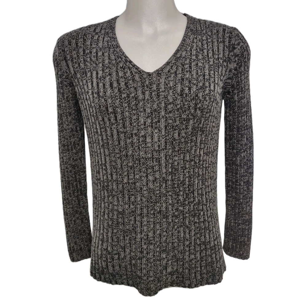 Express World Brand Sweater Men's Size Large Gray Black Knit V-Neck  Long Sleeve